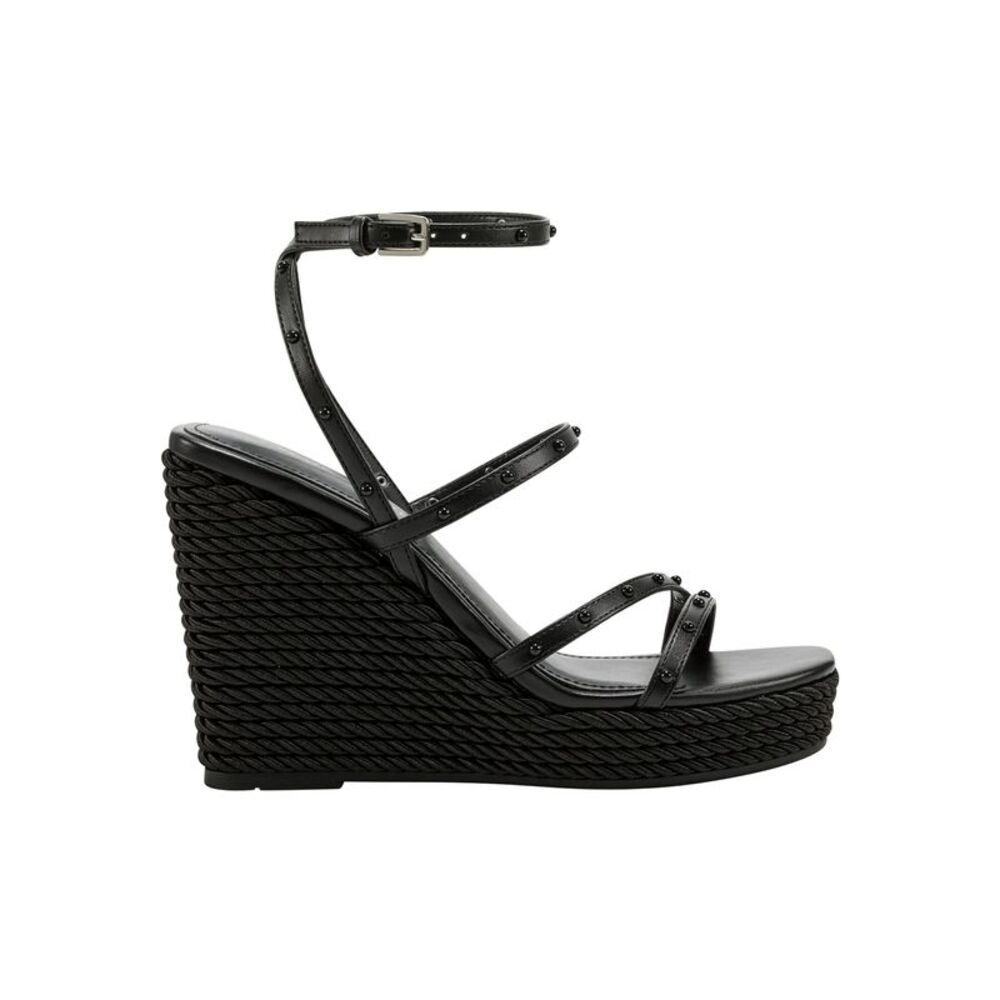 MARC FISHER Womens Black Strappy Studded Zig Square Toe Wedge Heeled Sandal 11 M